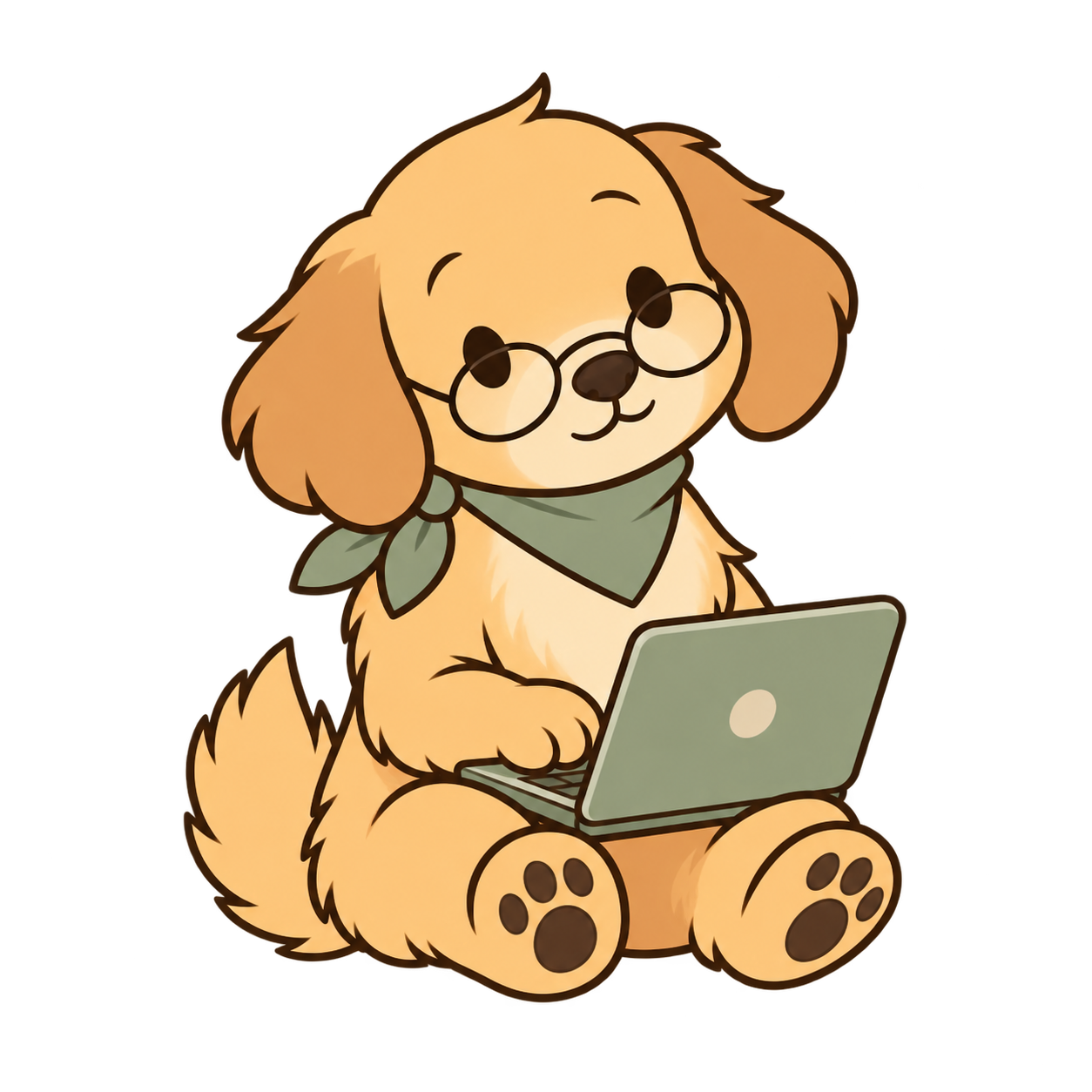 Golden retriever companion with glasses and a laptop